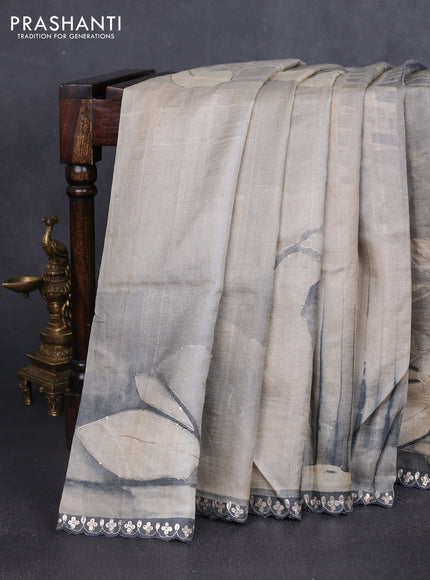 Pure tussar silk saree beige and grey with prints & pita work and embroidery work border