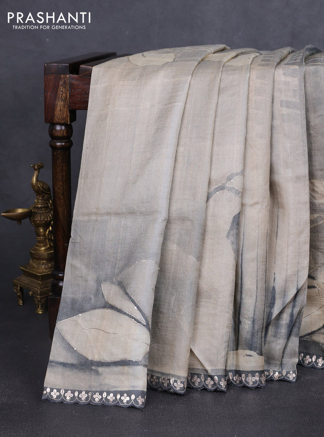 Pure tussar silk saree beige and grey with prints & pita work and embroidery work border