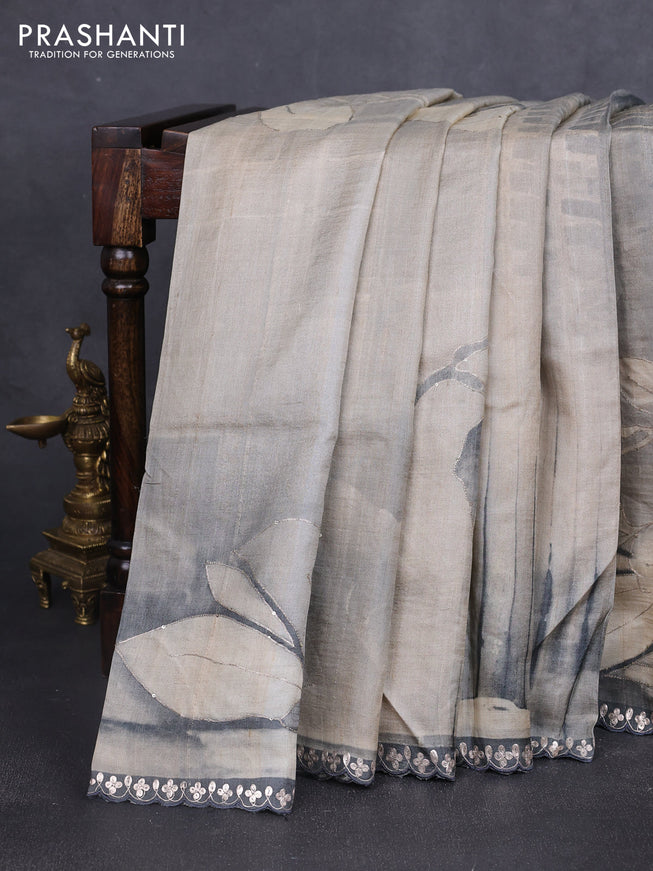 Pure tussar silk saree beige and grey with prints & pita work and embroidery work border