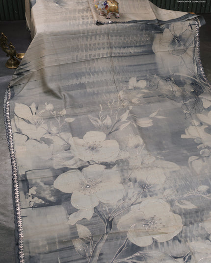 Pure tussar silk saree beige and grey with prints & pita work and embroidery work border