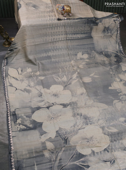 Pure tussar silk saree beige and grey with prints & pita work and embroidery work border