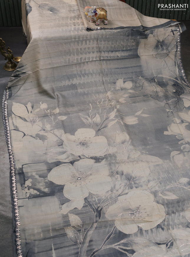 Pure tussar silk saree beige and grey with prints & pita work and embroidery work border