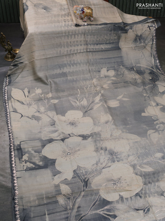Pure tussar silk saree beige and grey with prints & pita work and embroidery work border