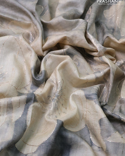 Pure tussar silk saree beige and grey with prints & pita work and embroidery work border
