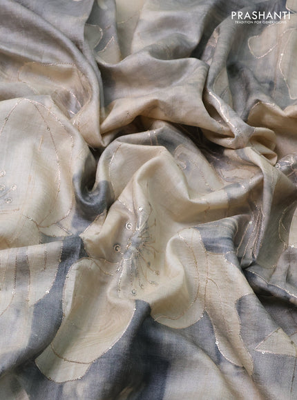 Pure tussar silk saree beige and grey with prints & pita work and embroidery work border