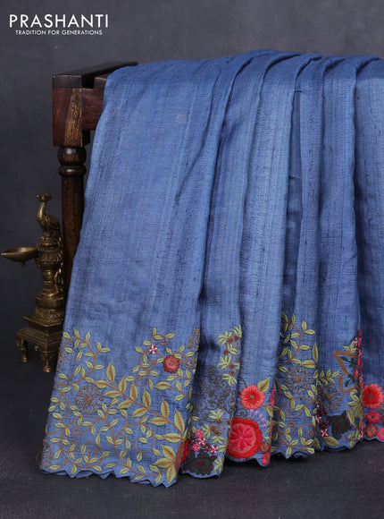 Pure tussar silk saree blue shade with plain body and embroidery work border