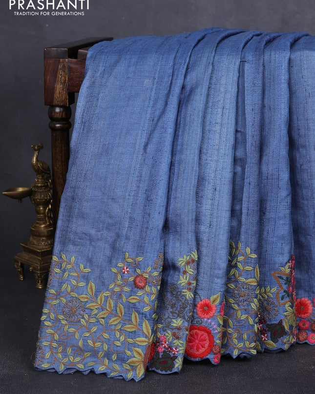 Pure tussar silk saree blue shade with plain body and embroidery work border