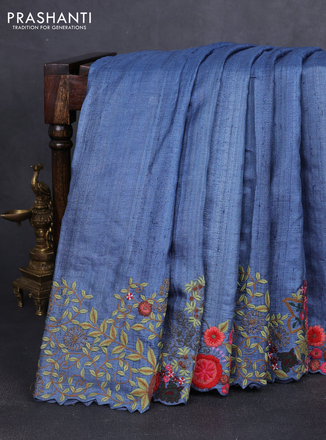 Pure tussar silk saree blue shade with plain body and embroidery work border