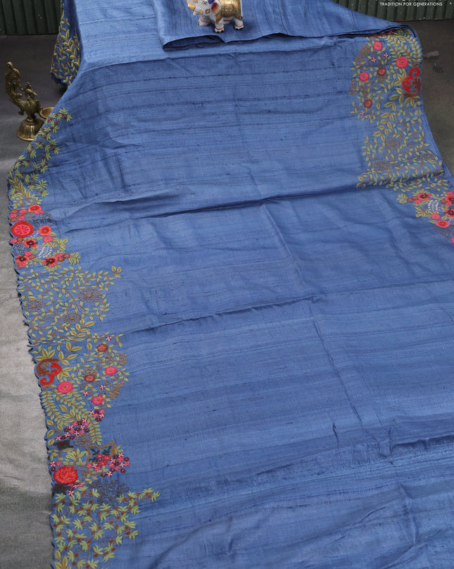 Pure tussar silk saree blue shade with plain body and embroidery work border