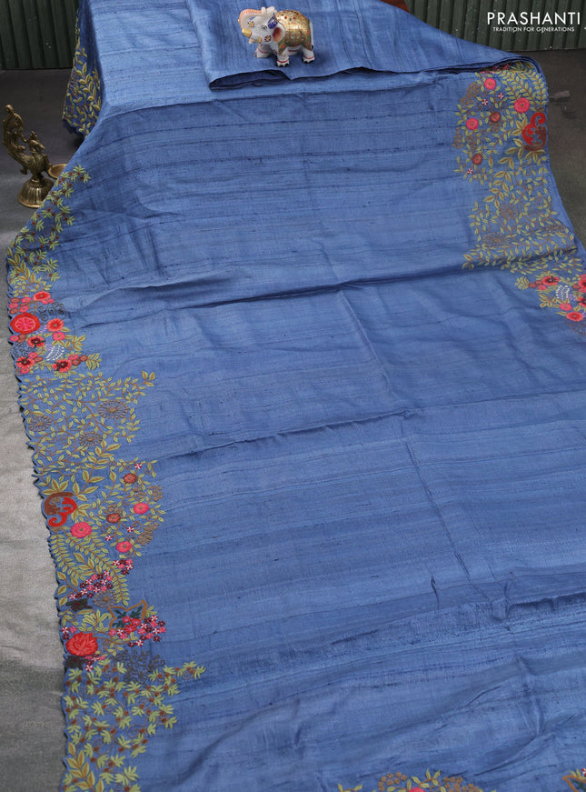 Pure tussar silk saree blue shade with plain body and embroidery work border