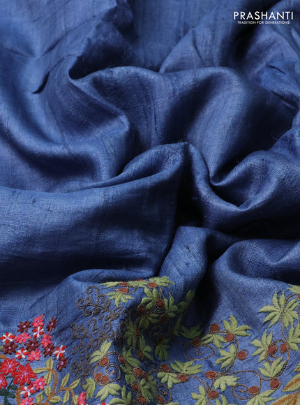 Pure tussar silk saree blue shade with plain body and embroidery work border