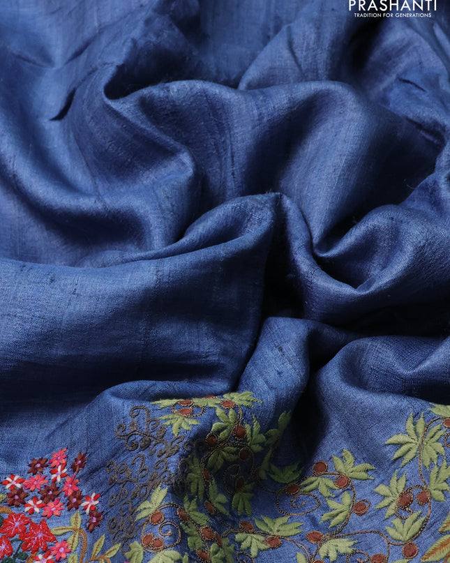 Pure tussar silk saree blue shade with plain body and embroidery work border