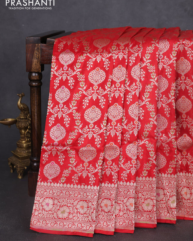 Banarasi uppada silk saree red with allover zari woven brocade weaves and floral zari woven border