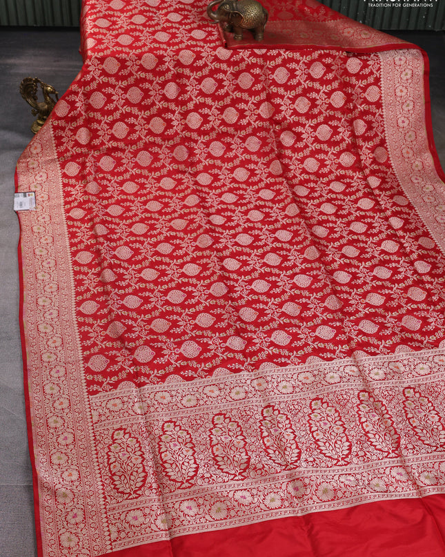 Banarasi uppada silk saree red with allover zari woven brocade weaves and floral zari woven border