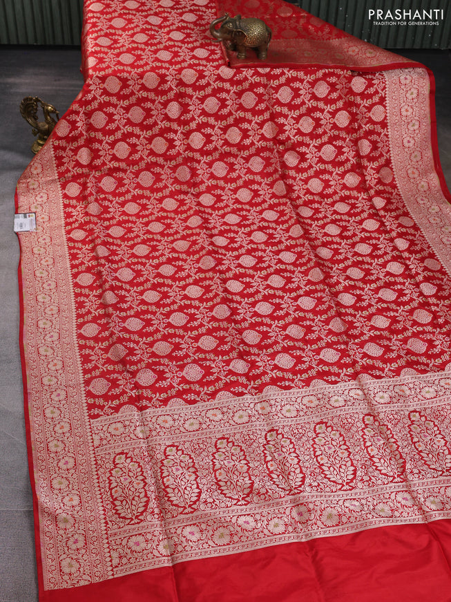 Banarasi uppada silk saree red with allover zari woven brocade weaves and floral zari woven border