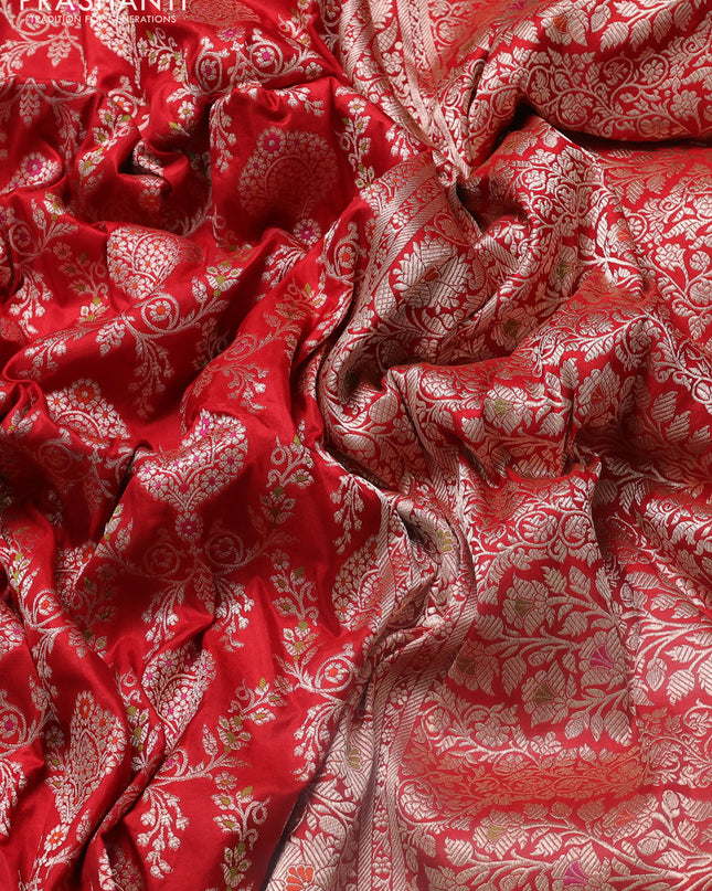 Banarasi uppada silk saree red with allover zari woven brocade weaves and floral zari woven border