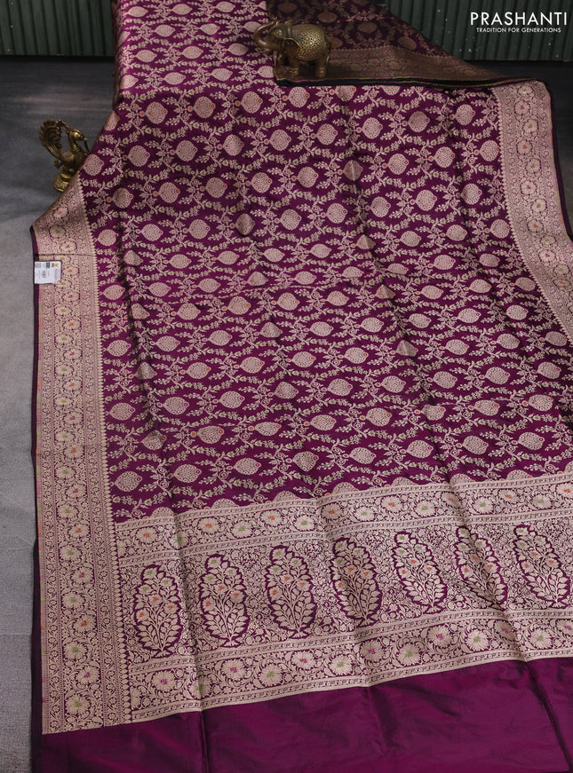 Banarasi uppada silk saree purple with allover zari woven brocade weaves and floral zari woven border