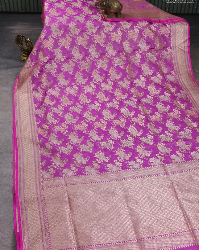 Banarasi uppada tissue silk saree mild purple with allover floral zari weaves and zari woven border