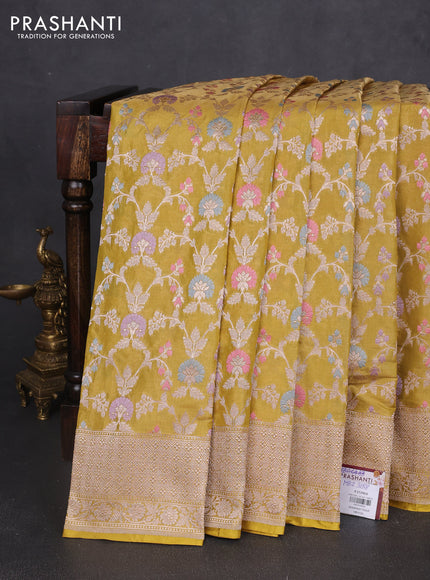 Banarasi uppada tissue silk saree lime yellow with allover thread & zari floral weaves and zari woven border