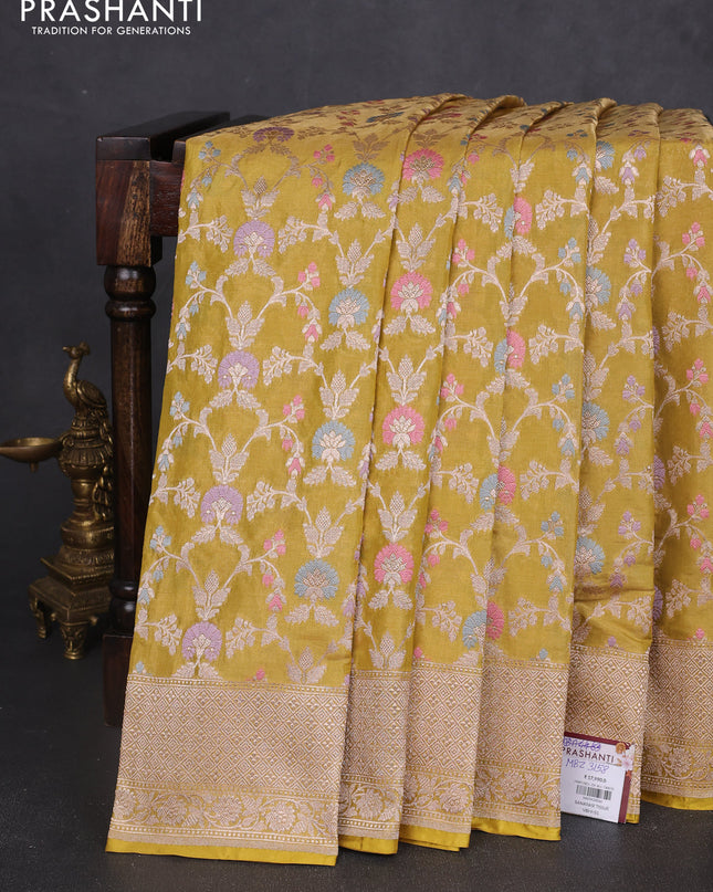 Banarasi uppada tissue silk saree lime yellow with allover thread & zari floral weaves and zari woven border