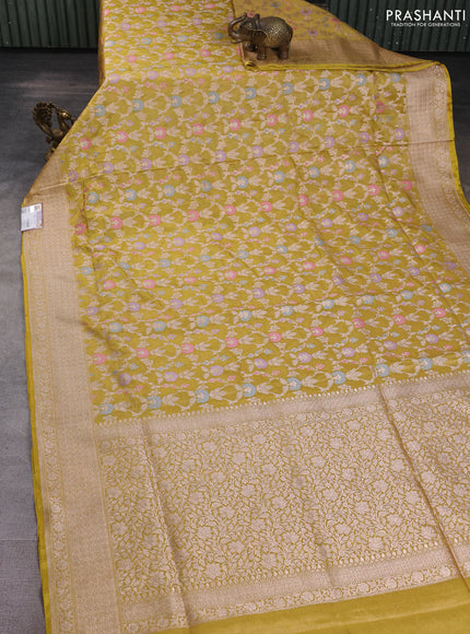 Banarasi uppada tissue silk saree lime yellow with allover thread & zari floral weaves and zari woven border