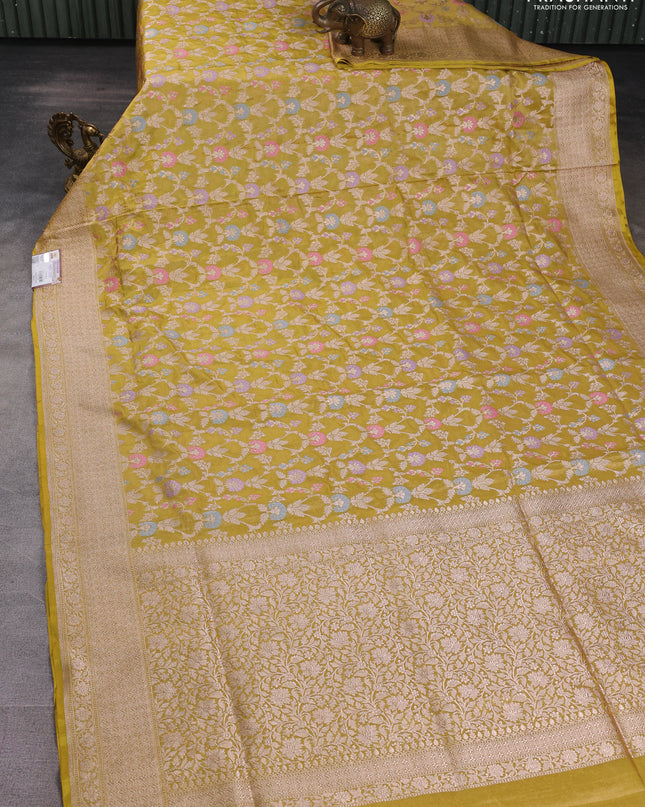 Banarasi uppada tissue silk saree lime yellow with allover thread & zari floral weaves and zari woven border