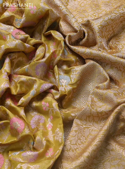 Banarasi uppada tissue silk saree lime yellow with allover thread & zari floral weaves and zari woven border