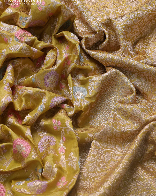 Banarasi uppada tissue silk saree lime yellow with allover thread & zari floral weaves and zari woven border