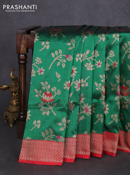 Banarasi uppada silk saree green and maroon with allover floral zari weaves and zari woven border
