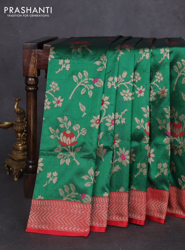 Banarasi uppada silk saree green and maroon with allover floral zari weaves and zari woven border