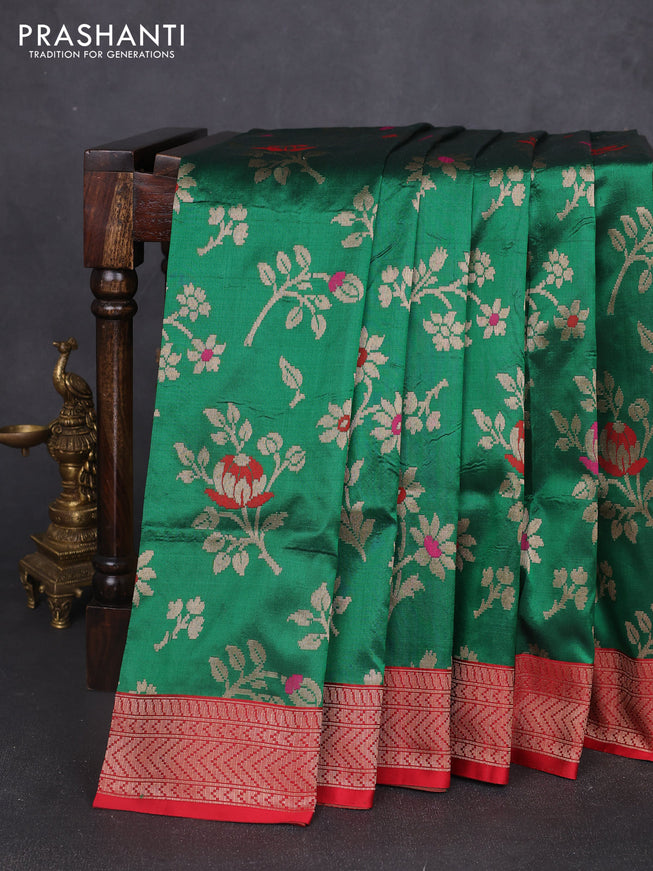Banarasi uppada silk saree green and maroon with allover floral zari weaves and zari woven border