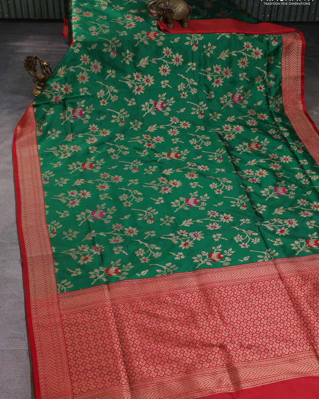 Banarasi uppada silk saree green and maroon with allover floral zari weaves and zari woven border