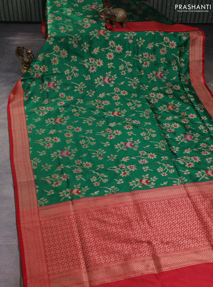 Banarasi uppada silk saree green and maroon with allover floral zari weaves and zari woven border