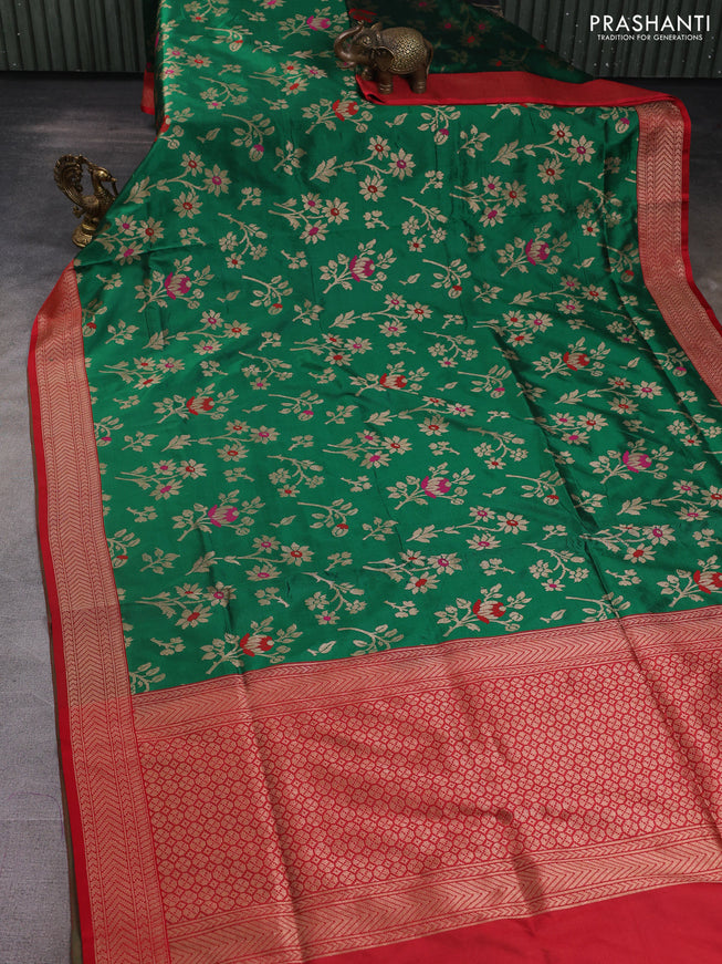 Banarasi uppada silk saree green and maroon with allover floral zari weaves and zari woven border