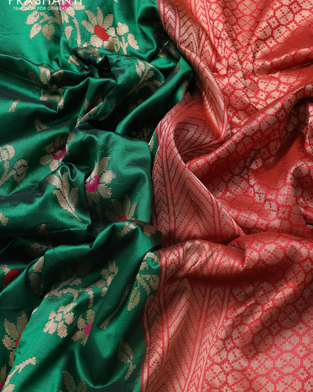 Banarasi uppada silk saree green and maroon with allover floral zari weaves and zari woven border