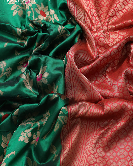 Banarasi uppada silk saree green and maroon with allover floral zari weaves and zari woven border