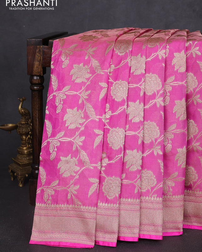 Banarasi uppada tissue silk saree candy pink with allover floral zari weaves and zari woven border