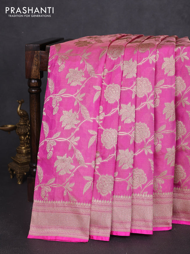 Banarasi uppada tissue silk saree candy pink with allover floral zari weaves and zari woven border