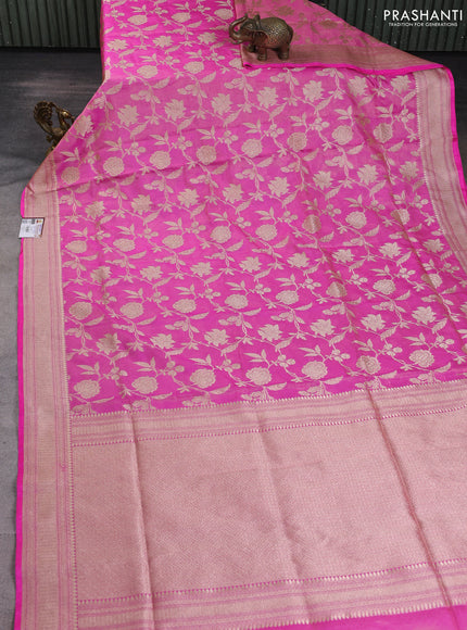 Banarasi uppada tissue silk saree candy pink with allover floral zari weaves and zari woven border