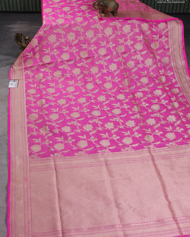 Banarasi uppada tissue silk saree candy pink with allover floral zari weaves and zari woven border