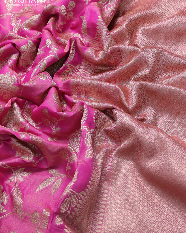 Banarasi uppada tissue silk saree candy pink with allover floral zari weaves and zari woven border