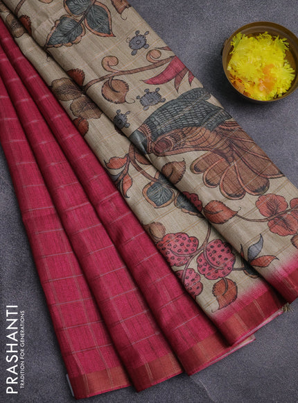 Semi tussar saree pink and beige with allover zari checked pattern and kalamkari printed pallu