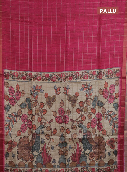 Semi tussar saree pink and beige with allover zari checked pattern and kalamkari printed pallu