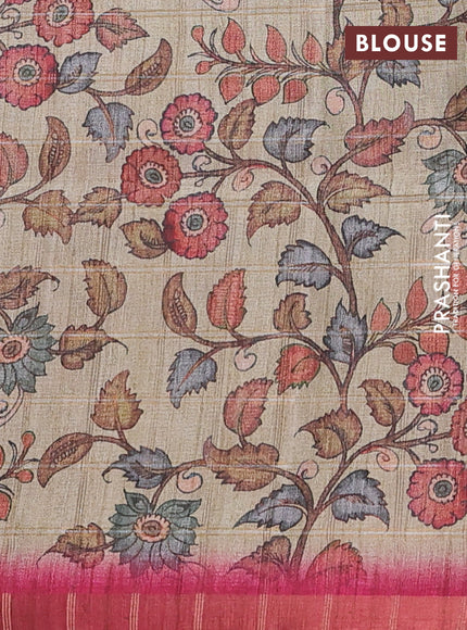 Semi tussar saree pink and beige with allover zari checked pattern and kalamkari printed pallu