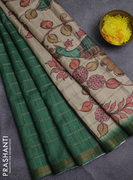 Semi tussar saree green and beige with allover zari checked pattern and kalamkari printed pallu
