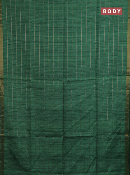 Semi tussar saree green and beige with allover zari checked pattern and kalamkari printed pallu