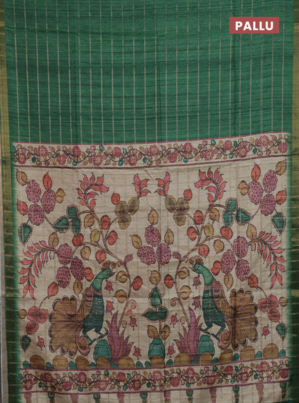 Semi tussar saree green and beige with allover zari checked pattern and kalamkari printed pallu