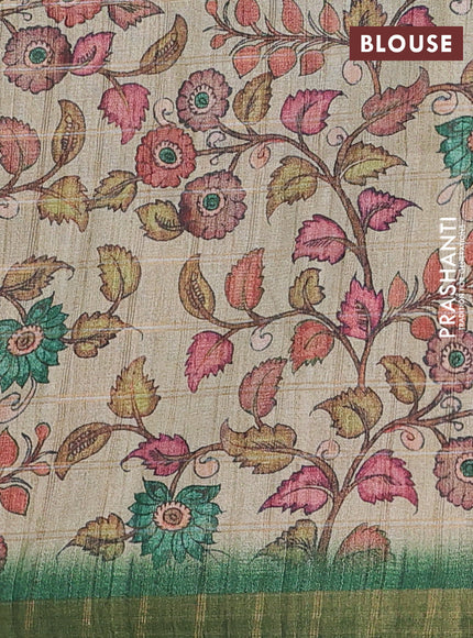 Semi tussar saree green and beige with allover zari checked pattern and kalamkari printed pallu