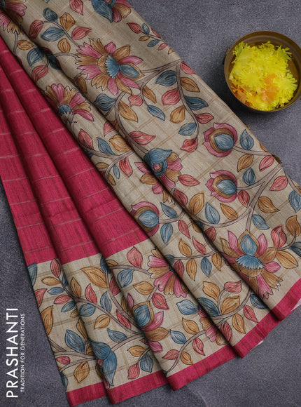 Semi tussar saree pink and beige with allover zari checked pattern and kalamkari printed pallu