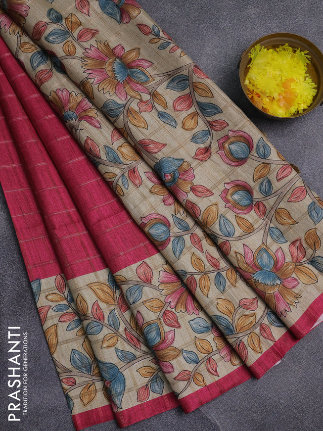Semi tussar saree pink and beige with allover zari checked pattern and kalamkari printed pallu
